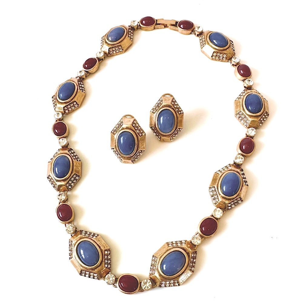 NEIMAN MARCUS | Vintage-Inspired Red & Blue Cabochon Necklace/Earring Set | NWOT - Picture 2 of 10